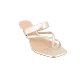 Metallic strappy sandal heels with thin stiletto heel and crisscross top straps