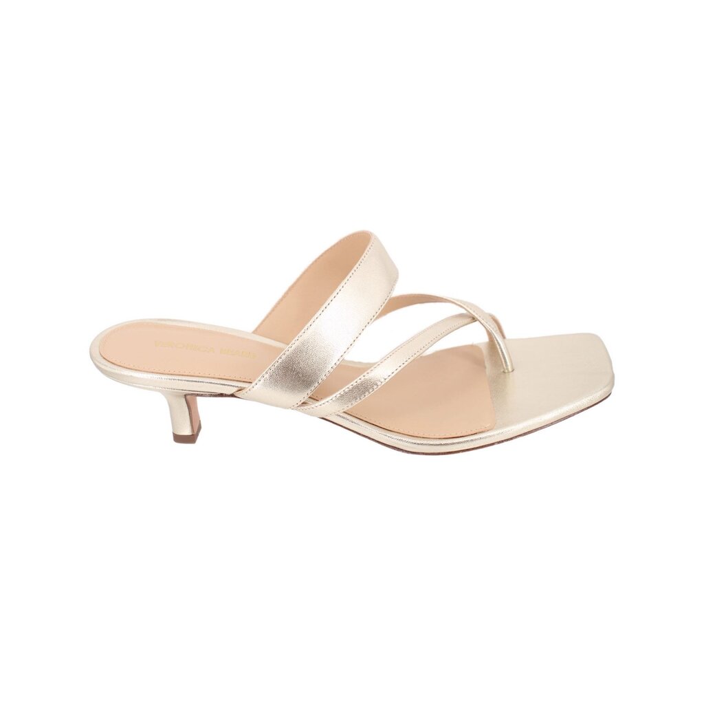 Metallic gold strappy sandal heels with open toe and stiletto heel, side view