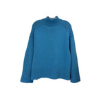 Blue turtleneck knit sweater with ribbed cuffs and hem