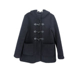 Navy fleece duffle coat with hood, toggle closure, and two front pockets