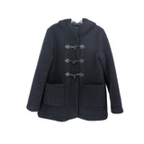 Navy fleece duffle coat with hood, toggle closure, and two front pockets