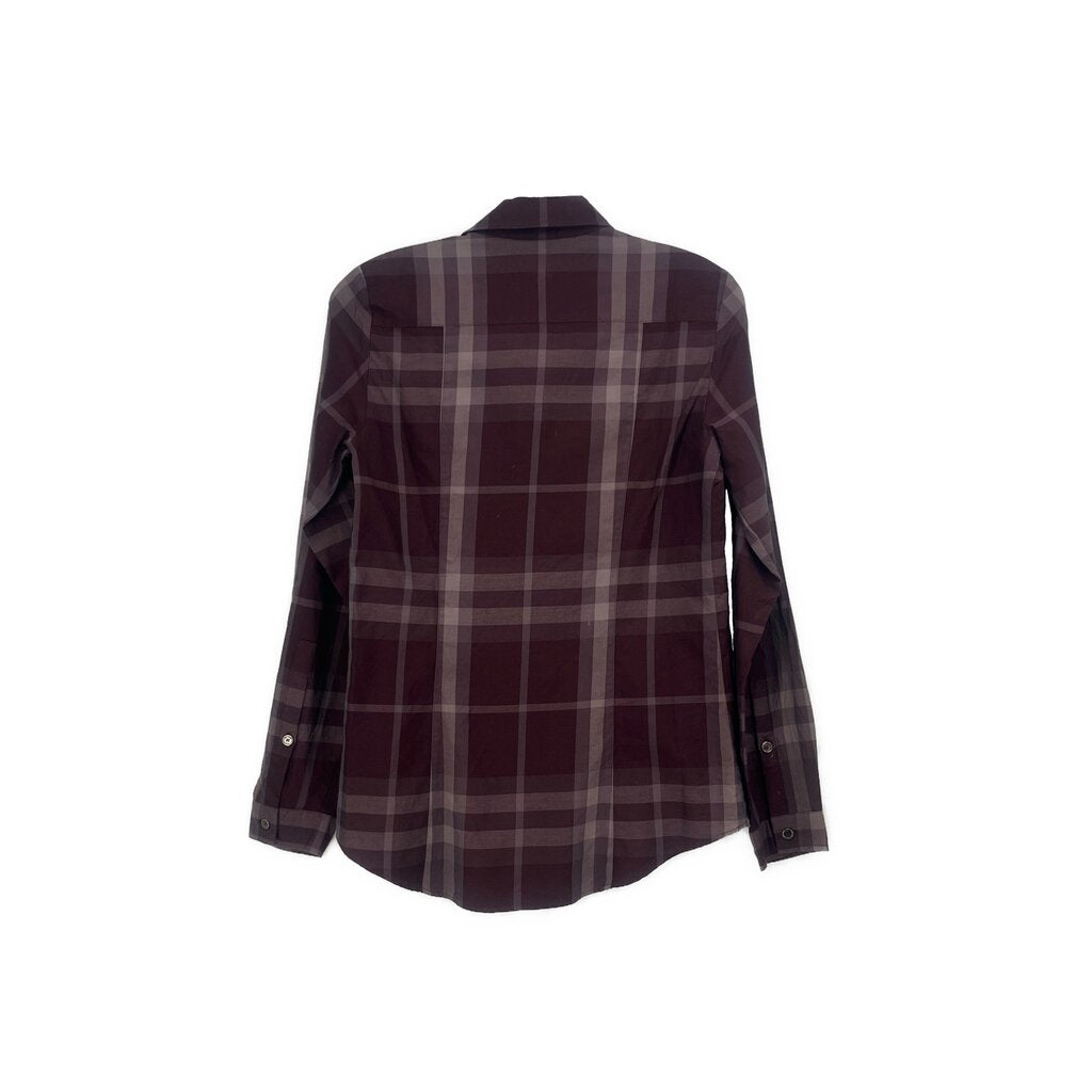 Burberry plaid top in maroon and gray check, long sleeves, back view