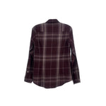 Burberry plaid top in maroon and gray check, long sleeves, back view