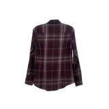 Burberry plaid top in maroon and gray check, long sleeves, back view