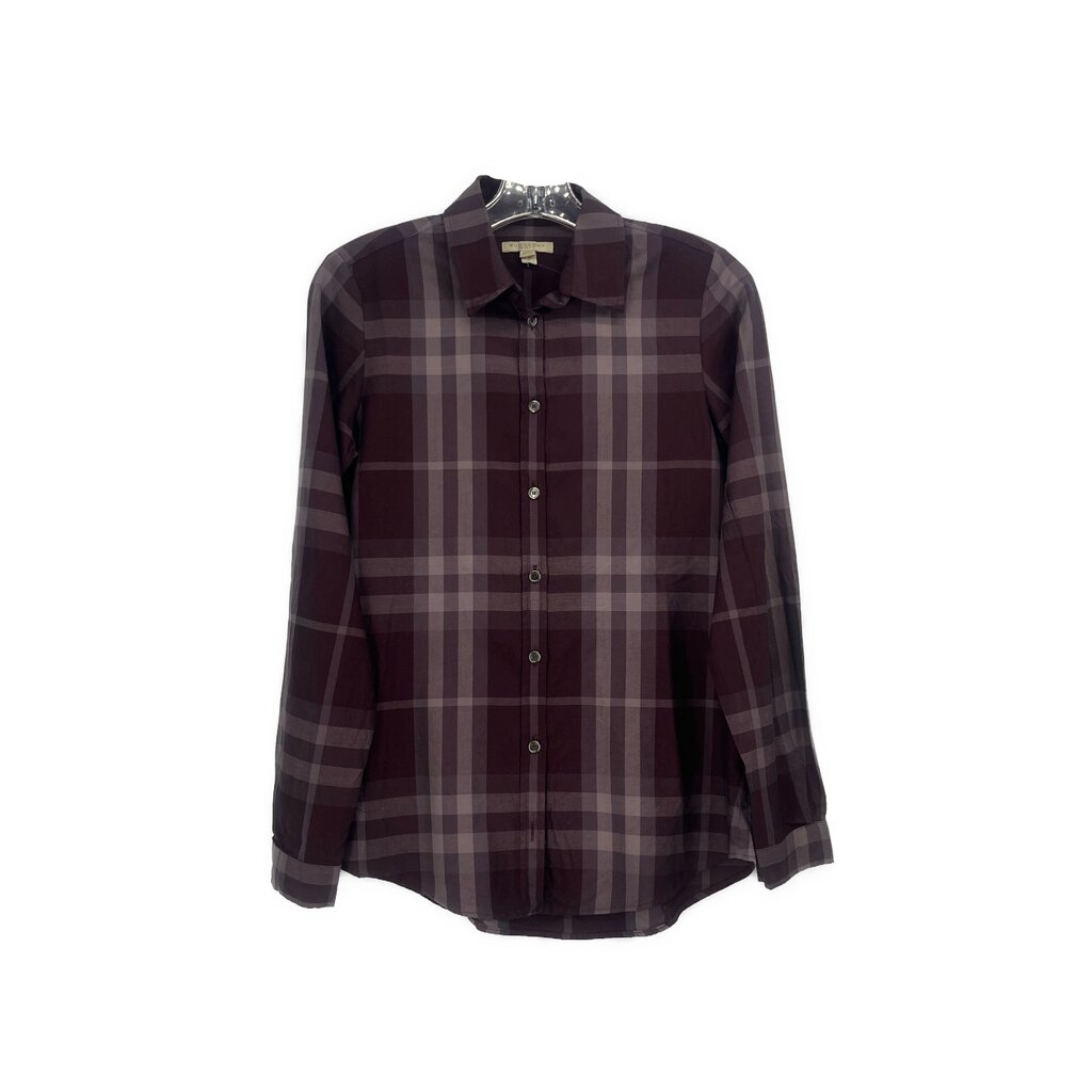 Burberry plaid button-up top in maroon with long sleeves and pointed collar