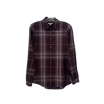 Burberry plaid button-up top in maroon with long sleeves and pointed collar