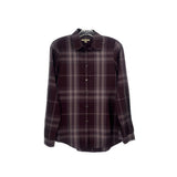 Burberry plaid button-up top in maroon with long sleeves and pointed collar