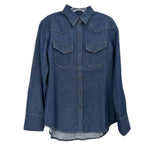 Blue denim button-up shirt with pointed collar, chest pockets, and button front