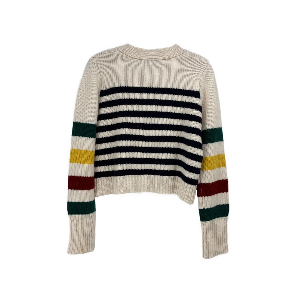 LA LIGNE striped cardigan sweater, cream knit back with horizontal navy stripes