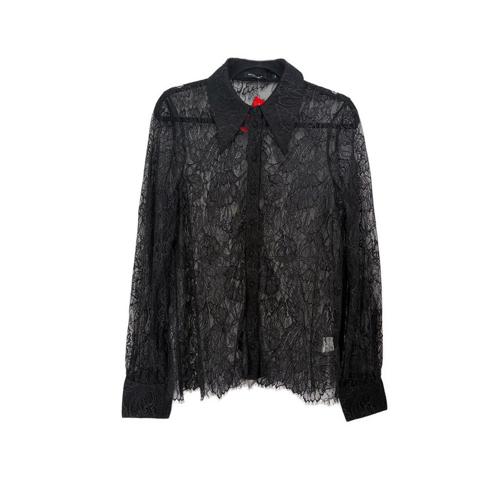 Black lace button-front top with pointed collar and long sleeves