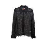 Black lace button-front top with pointed collar and long sleeves