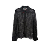 Black lace button-front top with pointed collar and long sleeves