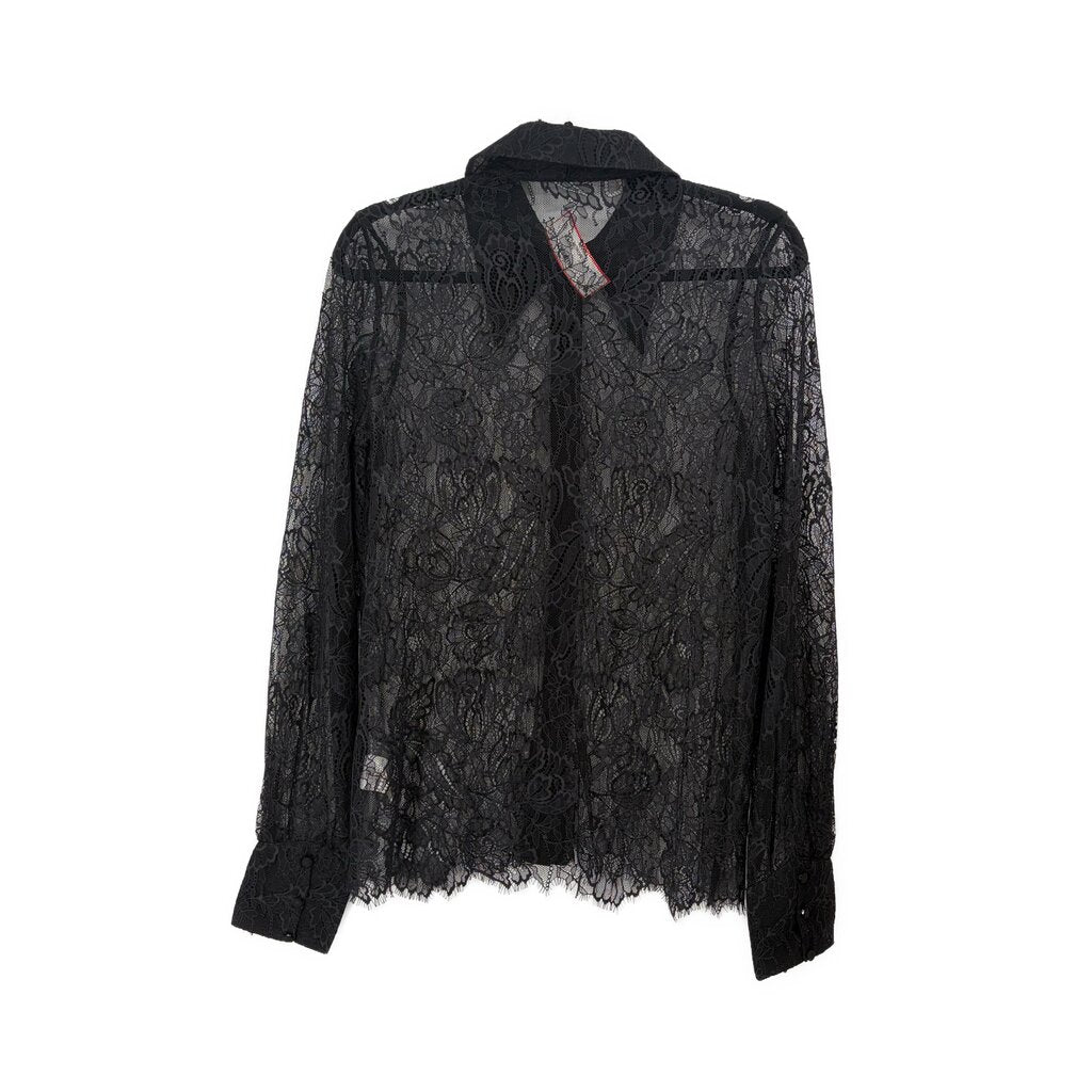 Black sheer lace top with pointed collar and long sleeves, button-front