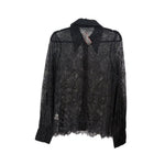 Black sheer lace top with pointed collar and long sleeves, button-front