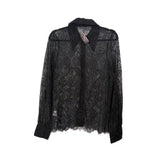 Black sheer lace top with pointed collar and long sleeves, button-front