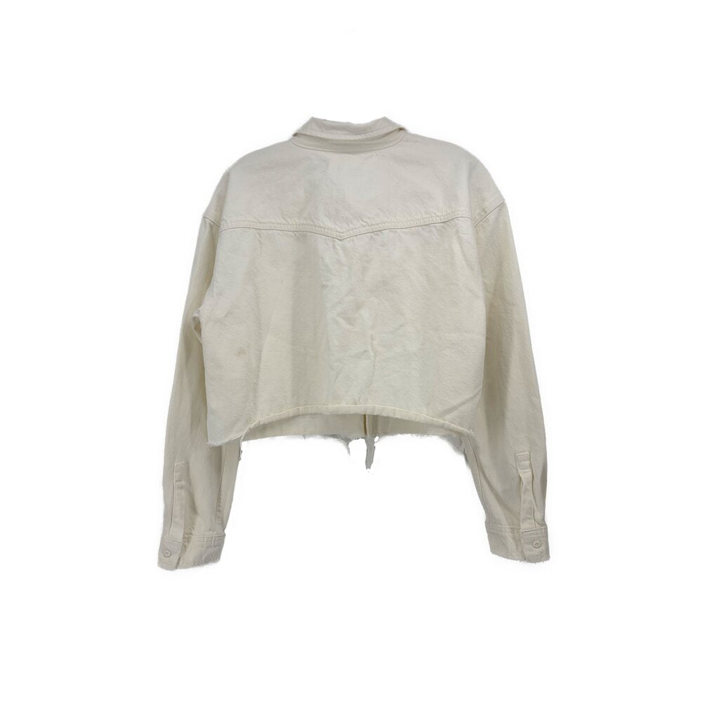 White cropped denim top with crew neckline and yoke seam, long sleeves