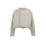 White cropped denim top with crew neckline and yoke seam, long sleeves