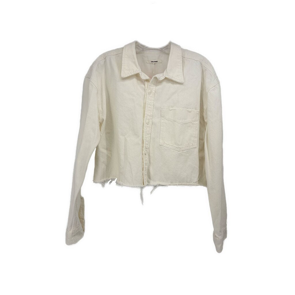 White cropped denim button-up top with point collar and chest pocket, long sleeves