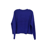 Blue long-sleeve knit sweater back view with ribbed hem and cuffs