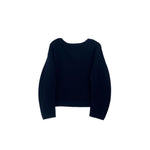VINCE wool sweater, navy long-sleeve crop with wide round neckline