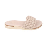 Stone woven slide sandals with braided crossover upper and flat sole profile