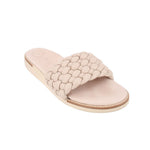 Stone woven slide sandals with braided strap, open toe, flat sole