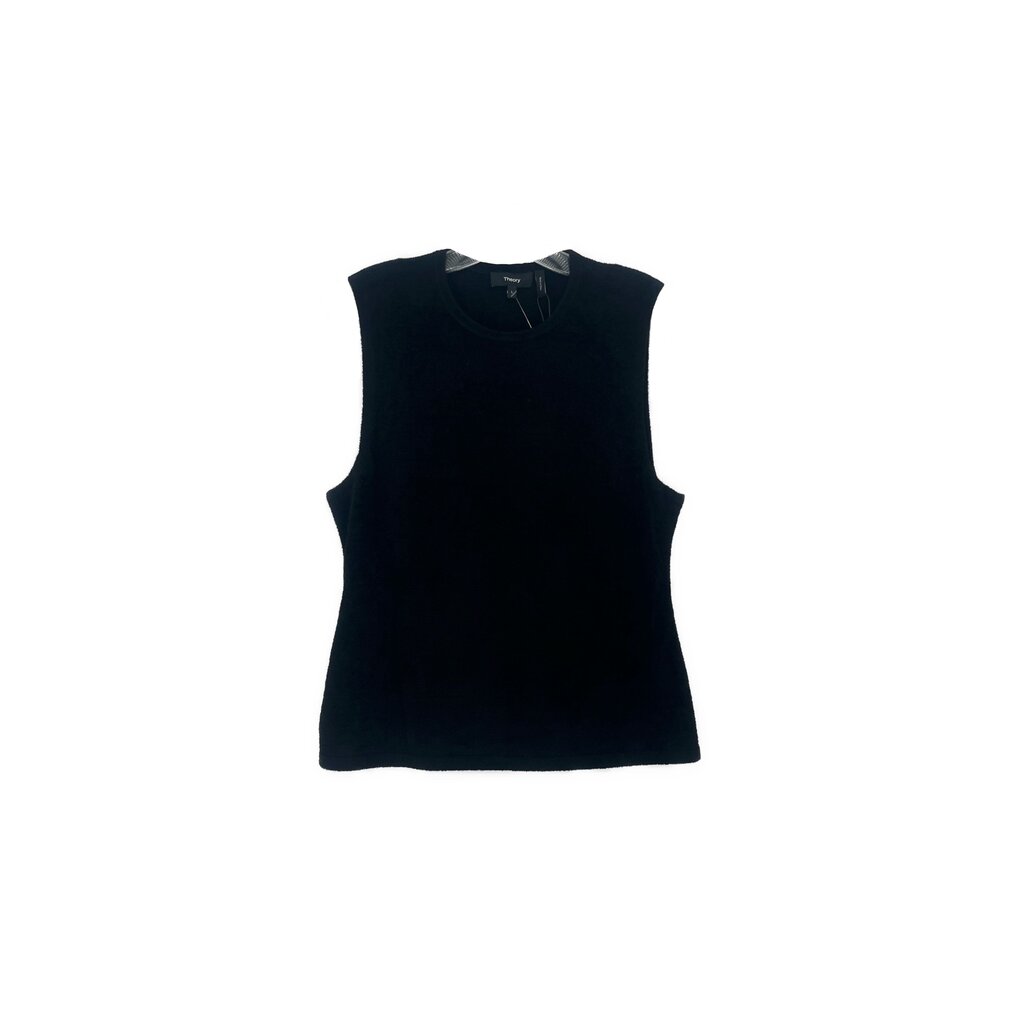 Sleeveless black top with round neckline and straight hem