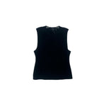 Sleeveless black top with round neckline and straight hem