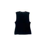 Sleeveless black top with round neckline and straight hem