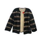 ETRO black cardigan top with horizontal beige-and-gold striped knit