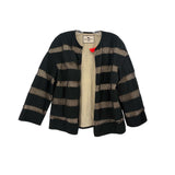 ETRO black cardigan top with horizontal beige-and-gold striped knit