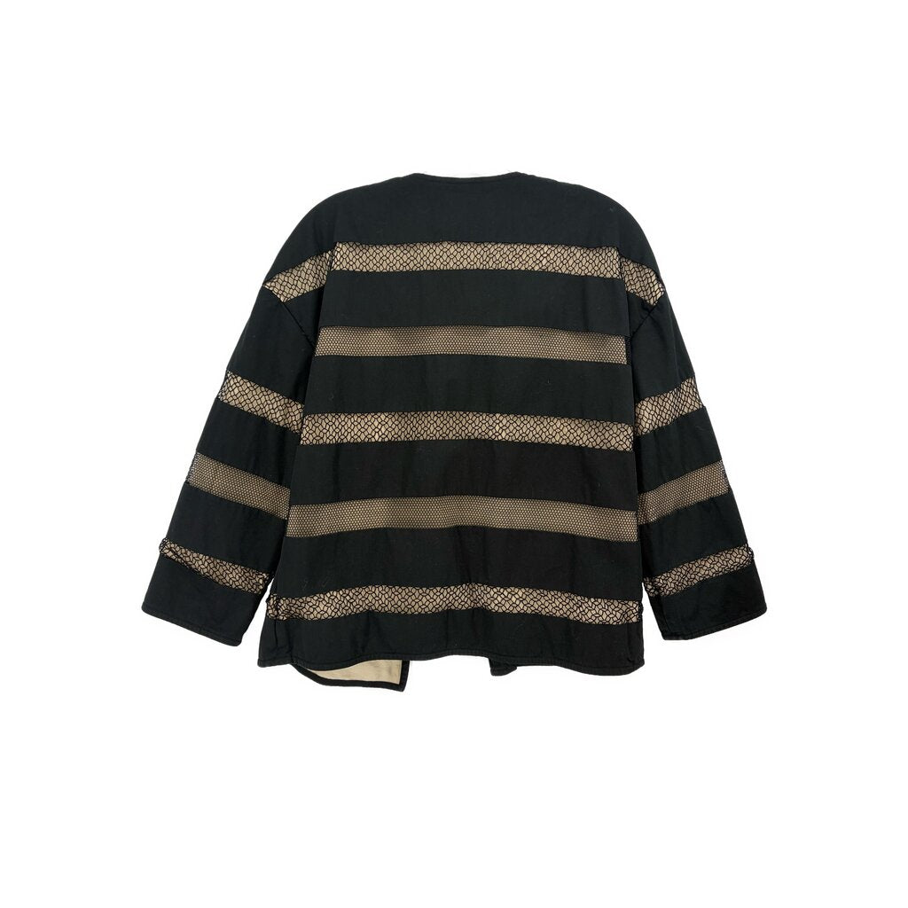 ETRO black cardigan top, back view with horizontal beige-and-gold stripes