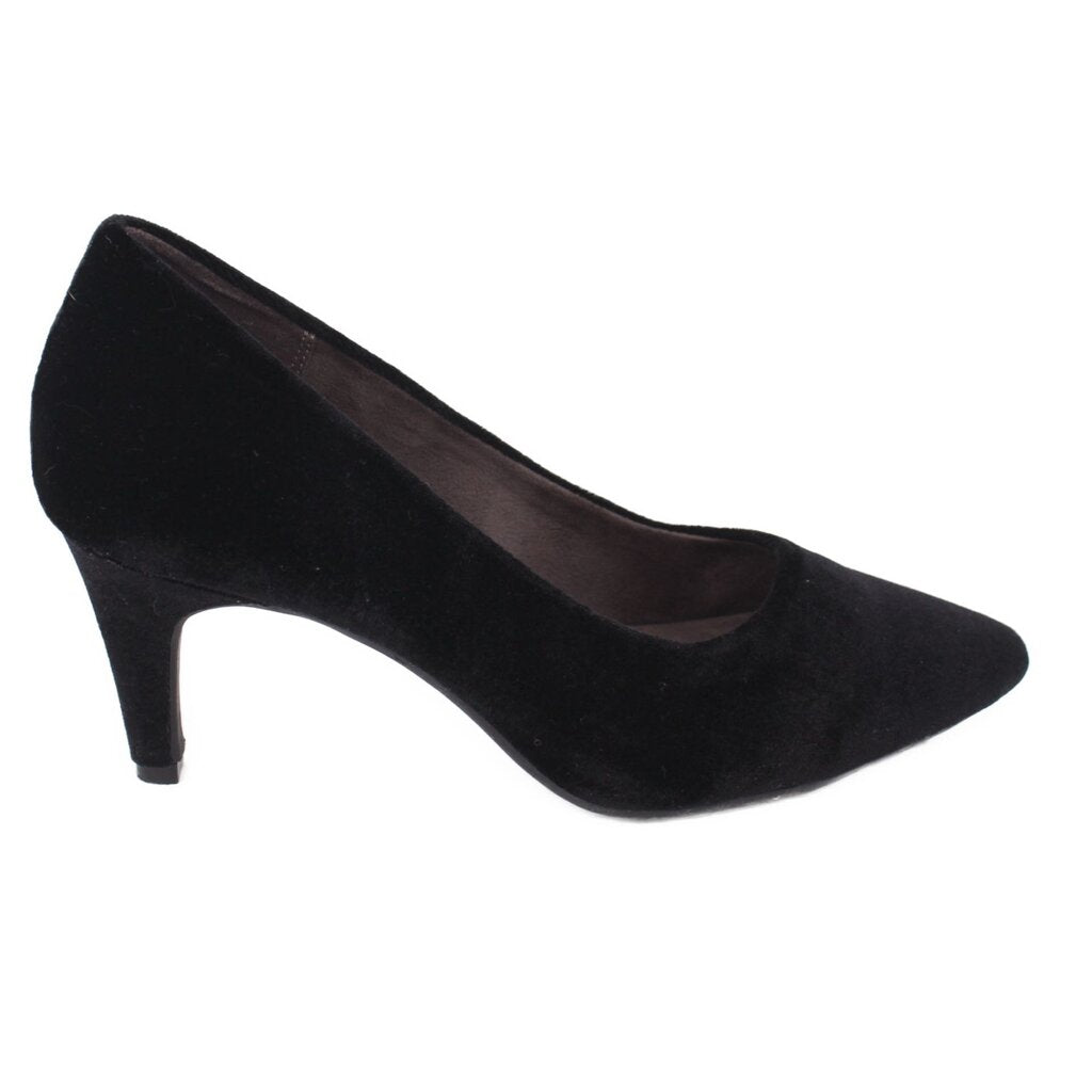 Black suede pump heels, pointed toe and curved mid-height heel