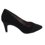 Black suede pump heels, pointed toe and curved mid-height heel