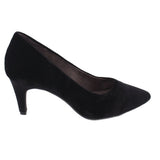 Black suede pump heels, pointed toe and curved mid-height heel