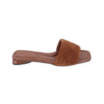 Brown suede slide sandals side view with cushioned footbed and low sole