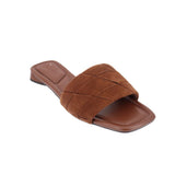 Brown suede slide sandals with wide crisscross strap and cushioned footbed