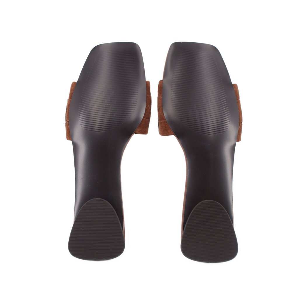Brown suede slide sandals heel view with dark outsole and molded heel cups