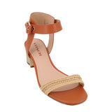COACH leather heeled sandals, brown ankle strap, peep toe, block heel
