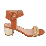 COACH leather heeled sandals in brown, buckle ankle strap, block heel