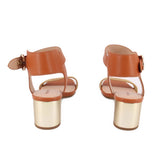 COACH leather heeled sandals, back view with ankle strap and tall block heel