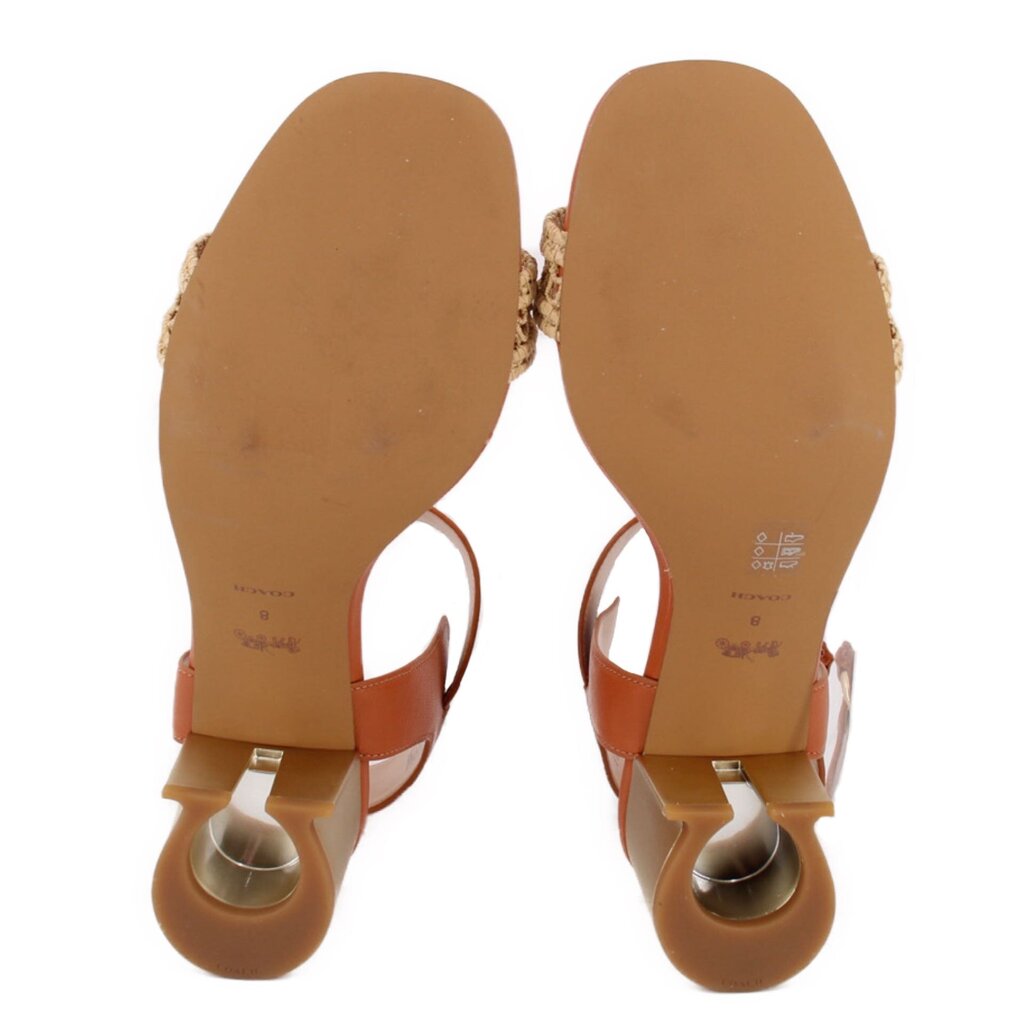 COACH leather heeled sandals, bottom view showing outsole and block heel