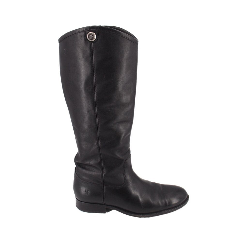 FRYE black leather knee-high boots with decorative side buckle at shaft, low heel
