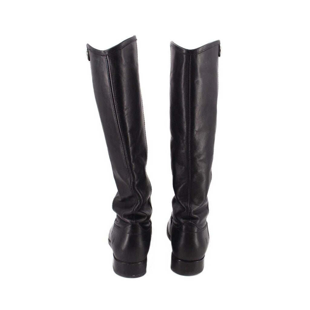 FRYE black leather knee-high boots, back view with stacked low heel