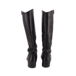FRYE black leather knee-high boots, back view with stacked low heel