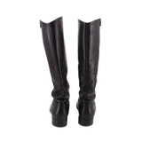 FRYE black leather knee-high boots, back view with stacked low heel
