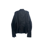 Black long-sleeve top, back view, with pointed collar and button placket