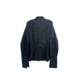 Black long-sleeve top, back view, with pointed collar and button placket