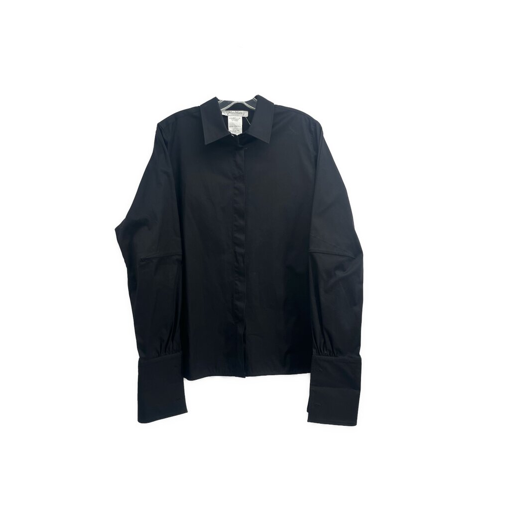 Black long-sleeve button-up top with pointed collar and button placket