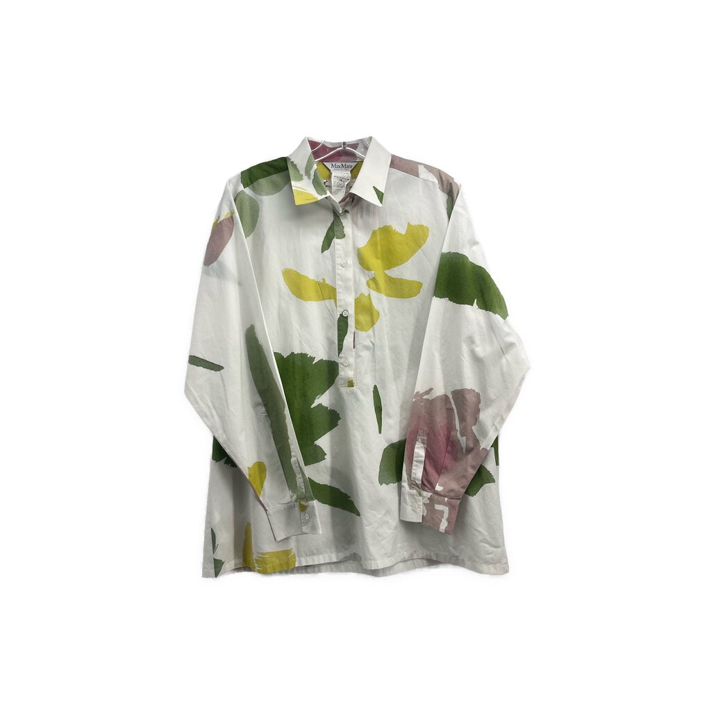 Green and yellow abstract print button-up shirt with long sleeves, pointed collar
